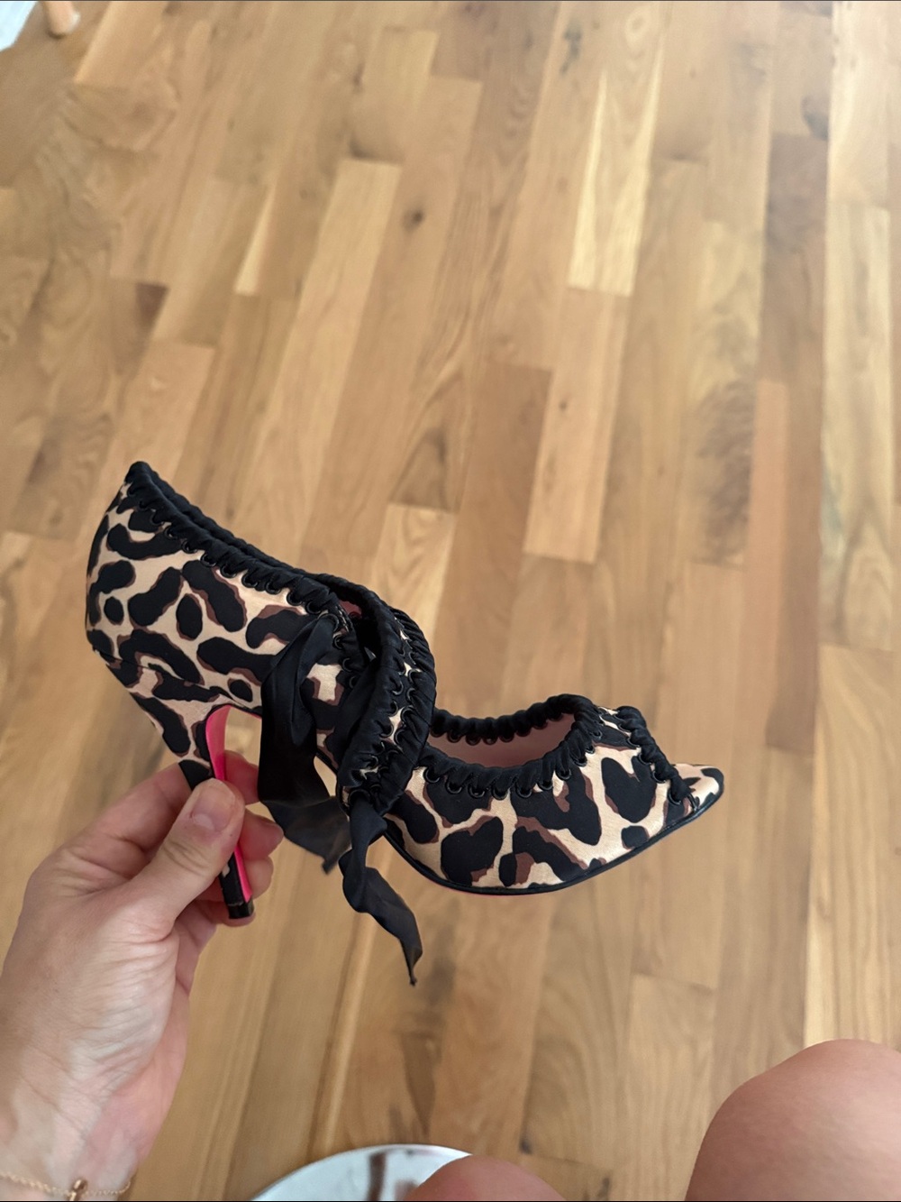 Betsey Johnson Leopard Print Peep-Toe Heels with Black Trim and Pink Heel